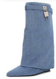 Denim pointed toe shark boots